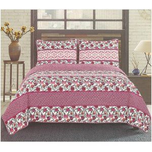 3 Piece Quilted Floral Bedspread Set - Red Floral & Geometric Patterns